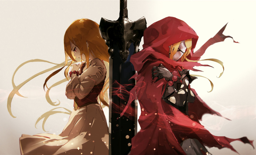 blonde_hair cape cropped evileye gradient long_hair mask overlord red_eyes so-bin sword weapon
