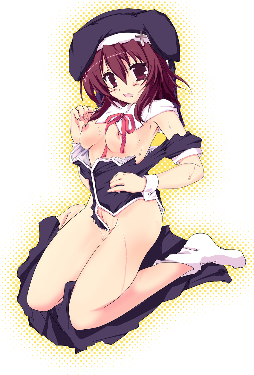 bad_id bad_pixiv_id blush breasts chantez_arpinion cross habit halftone halftone_background hat highres kimura_shuuichi lyrical_nanoha mahou_shoujo_lyrical_nanoha_vivid medium_breasts nipples no_bra no_panties nun open_mouth pussy red_eyes red_hair ribbon short_hair sitting socks solo sweat tears torn_clothes wariza wrist_cuffs