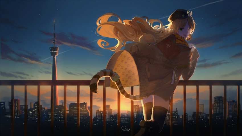 1girl animal_ears arknights artist_name cityscape hat highres long_hair railing rev solo standing sunset swire_(arknights) tail thighhighs tower