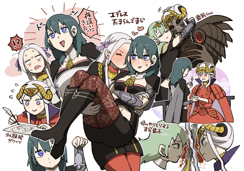 2girls blonde_hair blue_eyes blush boots breasts byleth_(fire_emblem) byleth_(fire_emblem)_(female) cape carrying chibi clash couple crossed_arms drawing duel edelgard_von_hresvelg embarrassed fire_emblem fire_emblem:_three_houses garreg_mach_monastery_uniform gloves hair_ornament hair_ribbon holding horns hug jewelry knee_boots korokoro_daigorou long_hair monster mouse multiple_girls navel o3o older pantyhose princess_carry proposal red_legwear ribbon ring shorts simple_background smile spoilers sword tears uniform weapon yuri