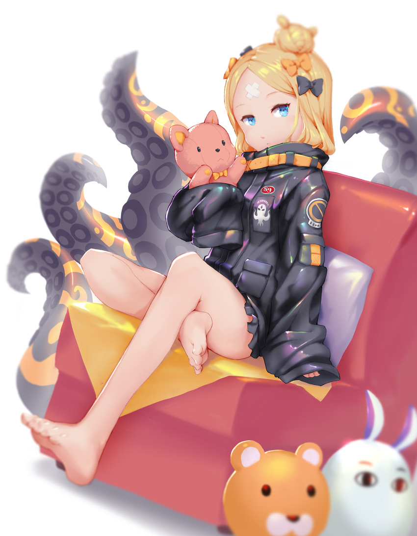 &lt;o&gt;_&lt;o&gt; 1girl abigail_williams_(fate/grand_order) bangs bare_legs barefoot black_bow black_jacket blonde_hair blue_eyes blurry blurry_background bow closed_mouth commentary_request crossed_bandaids depth_of_field dutch_angle fate/grand_order fate_(series) hair_bow hair_bun heroic_spirit_traveling_outfit highres jacket long_sleeves medjed object_hug orange_bow padal parted_bangs pillow sitting sleeves_past_fingers sleeves_past_wrists solo stuffed_animal stuffed_toy suction_cups teddy_bear tentacles white_background