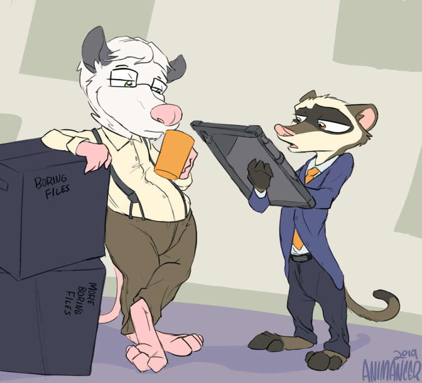 animancer anthro boring business clothing dale didelphid diesel_(disambiguation) disney duo formal male mammal marsupial mustela mustelid musteline necktie office overalls slacks tablet travis zootopia