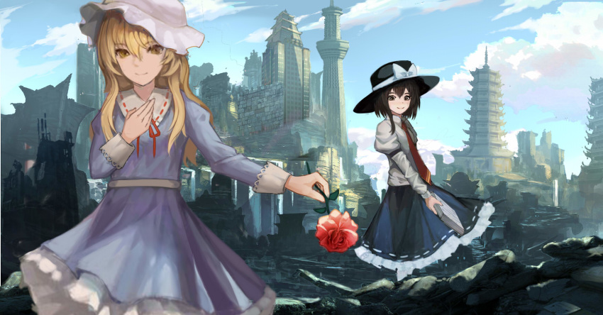 2girls armband arms_up belt black_eyes black_headwear black_skirt blonde_hair blue_dress blue_sky book building city cloud commentary_request cowboy_shot day debris dress flower gudadan hand_on_own_chest hat hat_ribbon highres holding holding_book holding_flower juliet_sleeves long_hair long_sleeves looking_at_viewer maribel_hearn mob_cap multiple_girls necktie outdoors outstretched_arm pagoda petticoat puffy_sleeves red_flower red_neckwear red_rose ribbon rose ruins shirt skirt sky skyscraper smile standing symbol_commentary touhou tower usami_renko water waterfall white_headwear white_legwear white_shirt yellow_eyes