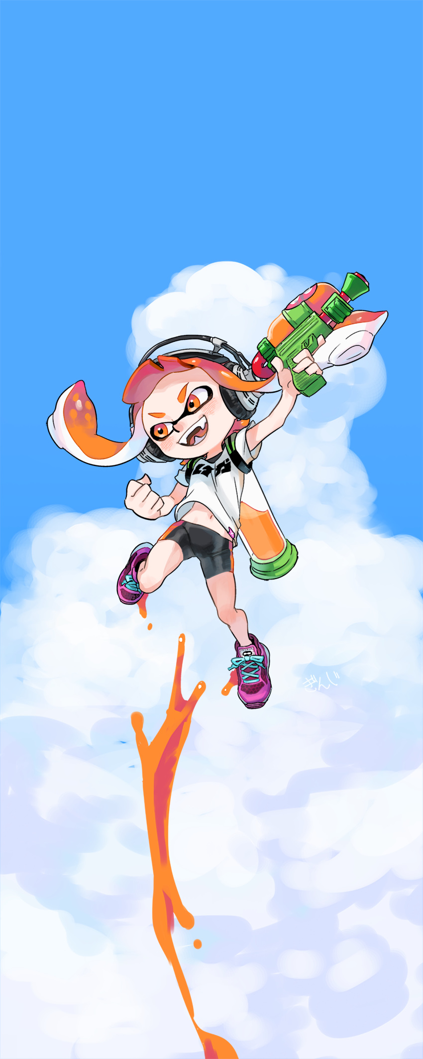 belly blush cloud eyebrows female female_focus female_only hair_ornament headphones highres in_air ink ink_tank_(splatoon) inkling inkling_girl japanese_text navel nintendo open_mouth orange_eyes orange_hair sharp_teeth shirt shoe_store_hard_to_wear shoes shorts sky solo solo_focus spats splatoon splatoon_(series) splattershot_(splatoon) teeth tentacle_hair