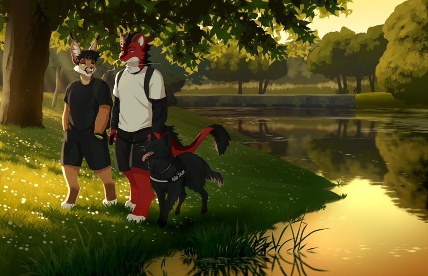 2019 akitamonster anthro black_fur canid canine canis caracal caracal_(genus) clothed clothing day detailed_background digital_media_(artwork) domestic_dog dragon felid feline feral fur furred_dragon grass group mammal open_mouth outside red_fur reflection sky smile standing teeth tongue tree water