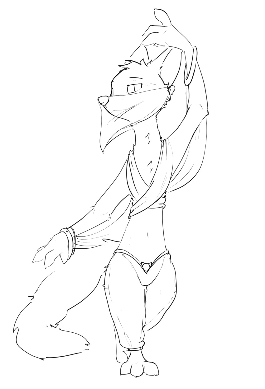 ambiguous_gender anthro black_and_white canid canine clothed clothing fox hi_res jewelry mammal monochrome sketch solo standing zhan