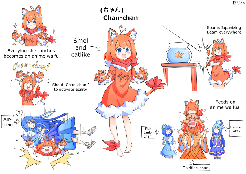 0_0 5girls :3 absurdres ahoge animal_ears aqua_(konosuba) barefoot blue_eyes blue_hair blush cat_ears cat_girl cat_paws cat_tail dress english_commentary english_text fang fish fishbowl goldfish highres japanizing_beam karses kono_subarashii_sekai_ni_shukufuku_wo! meta multiple_girls multiple_views orange_hair original paws personification signature tail