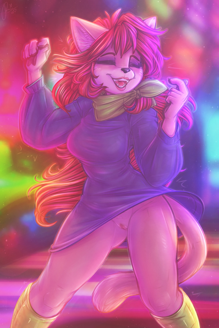 2019 5_fingers absurd_res anthro bottomless cattanooga_cats clothed clothing dancing digital_media_(artwork) dimwitdog domestic_cat eyes_closed felid feline felis female fingers hair hanna-barbera hi_res kitty_jo legwear long_hair mammal open_mouth pink_hair pussy scarf solo topwear