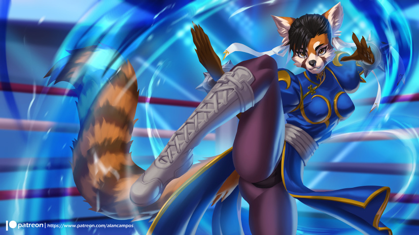 16:9 2019 5_fingers ailurid alanscampos alternate_species anthro black_hair boots breasts brown_eyes capcom chun-li clothed clothing digital_media_(artwork) female fighting_ring fingers footwear fully_clothed furrification hair hi_res mammal patreon pose red_panda solo street_fighter url video_games