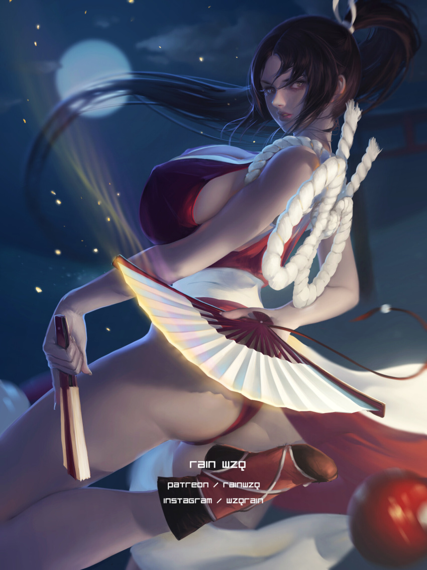 1girl arm_behind_back ass bare_shoulders breasts brown_eyes brown_hair closed_fan english_commentary fan fatal_fury folding_fan from_side high_ponytail highres large_breasts long_hair looking_to_the_side moon night night_sky ninja parted_lips pelvic_curtain ponytail rainwzq red_footwear revealing_clothes rope shiranui_mai sideboob sky the_king_of_fighters thighs