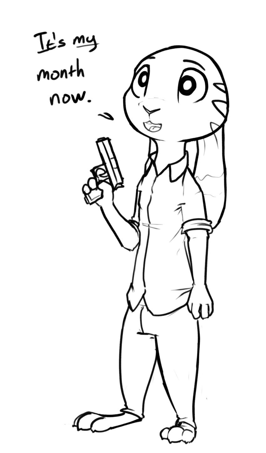 anthro black_and_white clothed clothing dialogue disney english_text hi_res holding_gun holding_object holding_weapon jack_savage lagomorph leporid male mammal monochrome open_mouth rabbit solo standing text weapon zhan zootopia