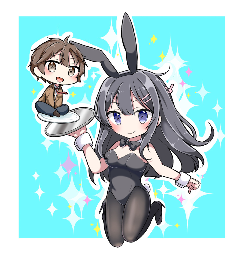 1boy 1girl :d absurdres animal_ears azusagawa_sakuta bangs bare_shoulders between_legs black_footwear black_hair black_hairband black_legwear black_leotard black_neckwear blue_background blue_pants blush bow bowtie breasts brown_eyes brown_hair brown_jacket brown_legwear bunny_ears bunny_girl bunny_hair_ornament bunny_tail bunnysuit chibi closed_mouth collar collared_shirt commentary_request detached_collar eyebrows_visible_through_hair fake_animal_ears full_body hair_between_eyes hair_ornament hairband hairclip hand_between_legs high_heels highres holding holding_tray jacket jako_(jakoo21) leotard long_hair looking_at_viewer medium_breasts necktie open_mouth outline pants pantyhose plate purple_eyes red_neckwear sakurajima_mai seishun_buta_yarou shirt shoes smile socks sparkle_background strapless strapless_leotard tail tray two-tone_background very_long_hair white_background white_collar white_outline white_shirt wrist_cuffs