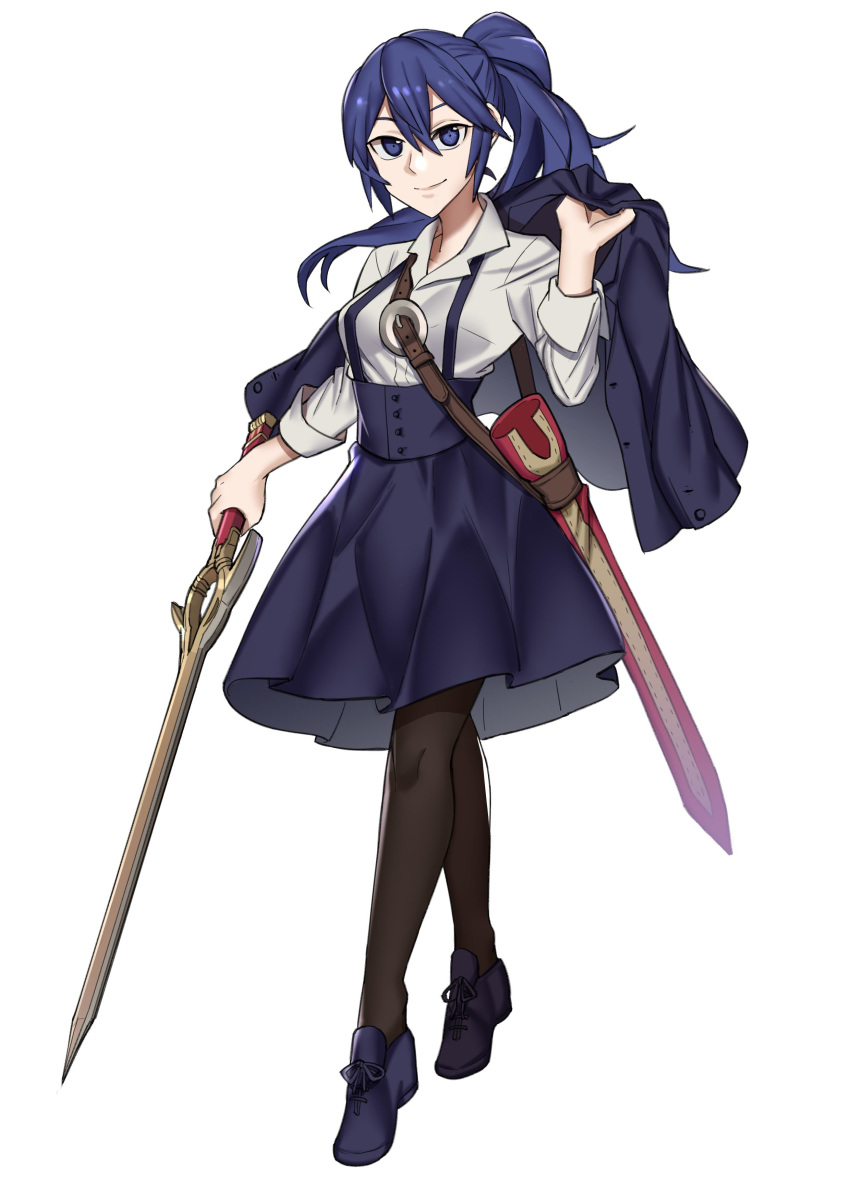 1girl absurdres alternate_costume bag blouse blue_eyes blue_hair breasts casual center_frills corset crest ebinku fire_emblem fire_emblem_awakening high-waist_skirt highres holding holding_jacket holding_sword holding_weapon jacket jacket_on_shoulders legs_apart loafers long_hair looking_at_viewer lucina_(fire_emblem) meme_attire ponytail satchel scabbard sheath shoes simple_background skirt sleeves_rolled_up smile solo suspender_skirt suspenders sword thighhighs underbust virgin_killer_outfit walking weapon white_background white_blouse