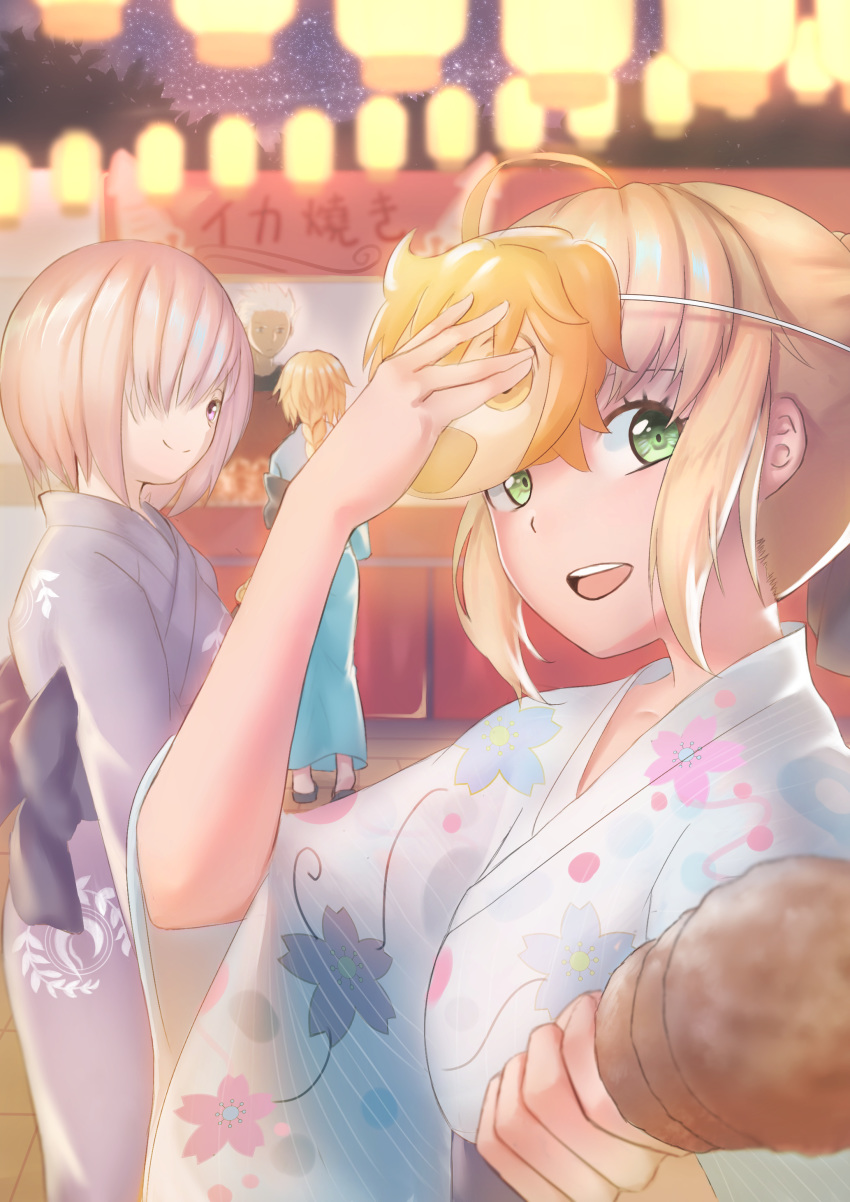 1boy 3girls absurdres ahoge archer artoria_pendragon_(all) bangs blonde_hair blue_kimono commentary_request fate/grand_order fate_(series) floral_print food fujimaru_ritsuka_(female) green_eyes highres holding holding_food japanese_clothes jeanne_d'arc_(fate) jeanne_d'arc_(fate)_(all) jmao kimono lamp lavender_hair looking_at_viewer mash_kyrielight multiple_girls night night_sky outdoors saber sky smile summer_festival translation_request white_hair wide_sleeves