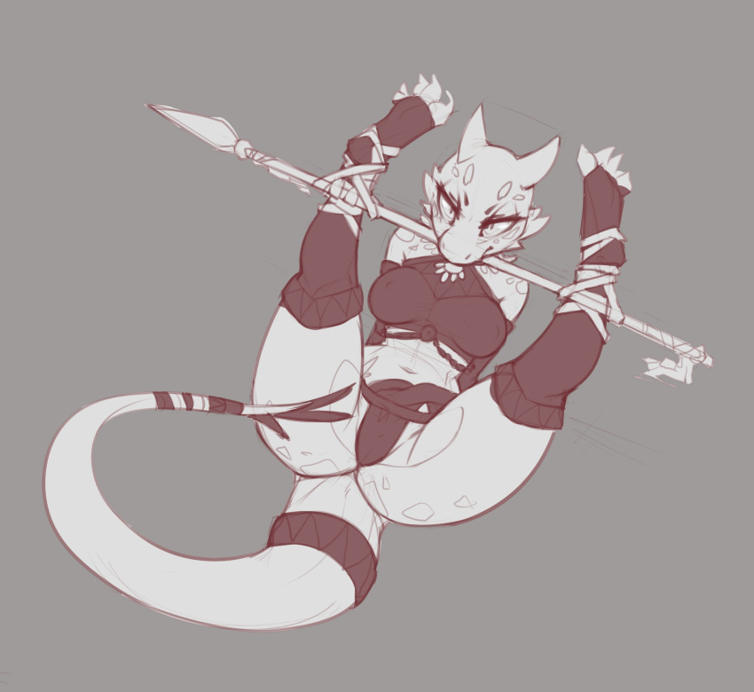 armwear bdsm bondage bound breasts bridal_gauntlets butt clothing female grey_background hi_res kobold legwear leska loincloth melee_weapon navel non-mammal_breasts polearm scalie serpentine-drifter simple_background solo spear spread_legs spreading stockings weapon