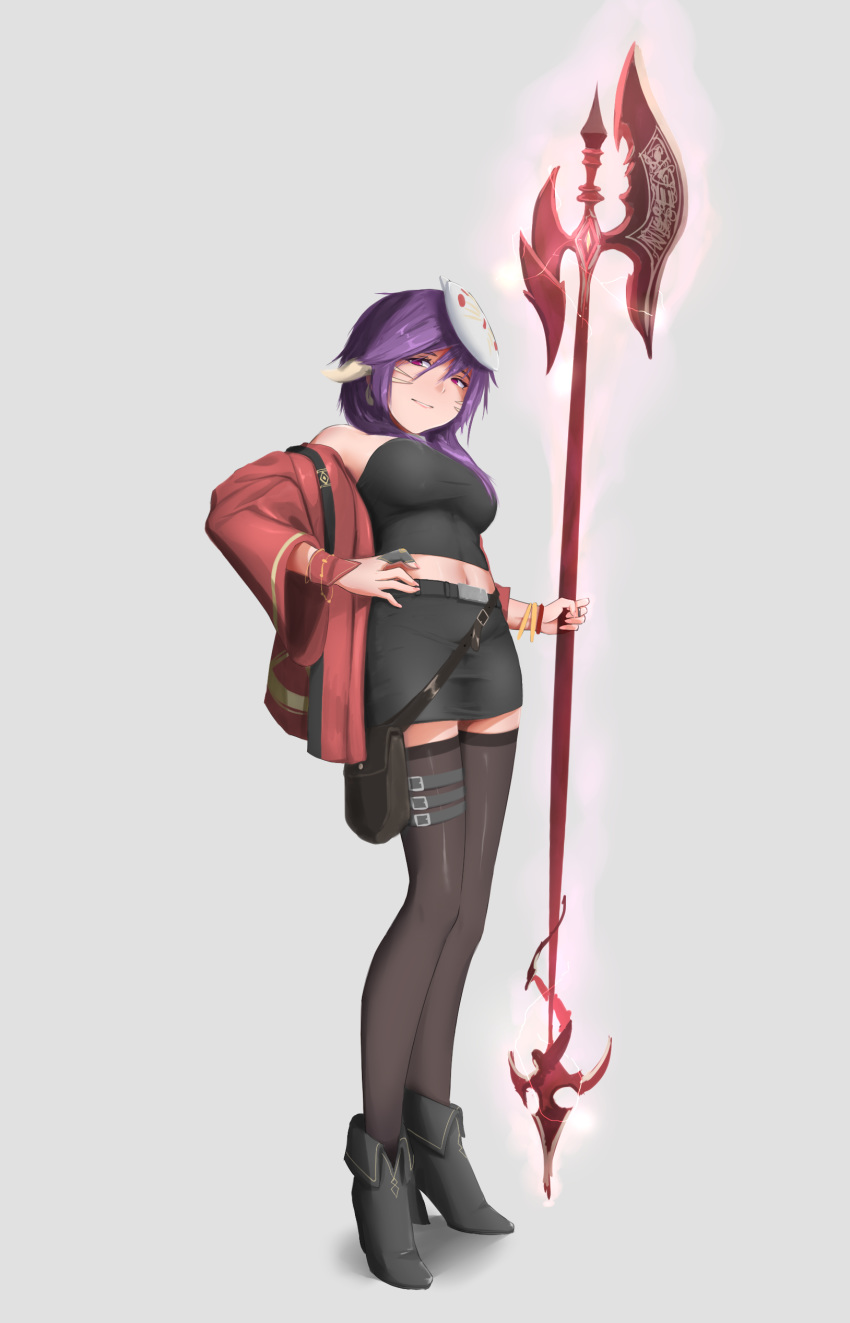 1girl absurdres bag bangs bare_shoulders black_footwear black_legwear black_shirt black_skirt commission copyright_request full-body grey_background hair_between_eyes halberd highres holding holding_spear holding_weapon horns jacket kofucchi long_sleeves navel pencil_skirt polearm purple_hair red_jacket shirt shoes simple_background skirt solo spear standing tachi-e thighhighs weapon