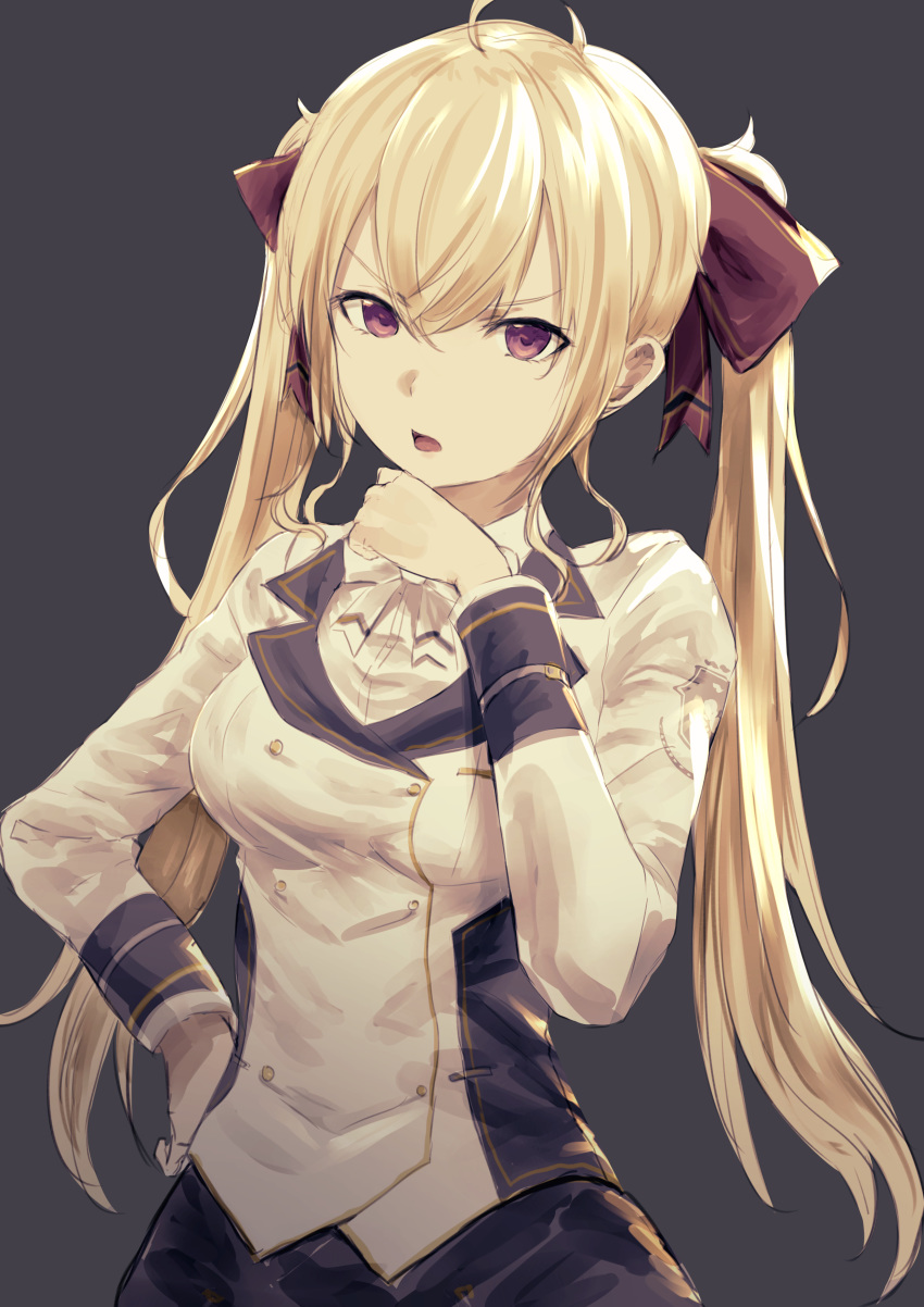 1girl absurdres ahoge bangs black_skirt blonde_hair bow breasts dress_shirt eyebrows_visible_through_hair grey_background hair_between_eyes hair_bow hand_on_hip hand_up highres jacket kumamoto_nomii-kun large_breasts long_hair long_sleeves looking_at_viewer nijisanji open_mouth purple_eyes red_bow shirt simple_background skirt solo takamiya_rion twintails very_long_hair virtual_youtuber white_bow white_jacket white_shirt