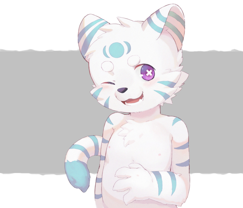 2019 bokustar_fox cub hi_res nipples one_eye_closed smile solo wink young