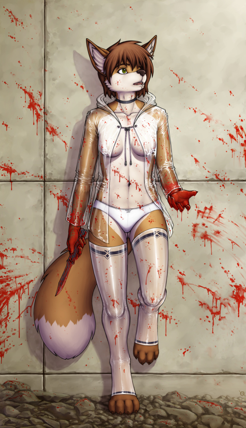 4_toes 5_fingers abstract_background anthro barefoot biped blood bodily_fluids breasts brown_hair canid canine clothed clothing collar eleode eyebrows female fingers fox fur green_eyes hair hi_res knife legwear mammal open_mouth panties partially_clothed raincoat snout solo stockings thigh_highs toes translucent translucent_clothing underwear