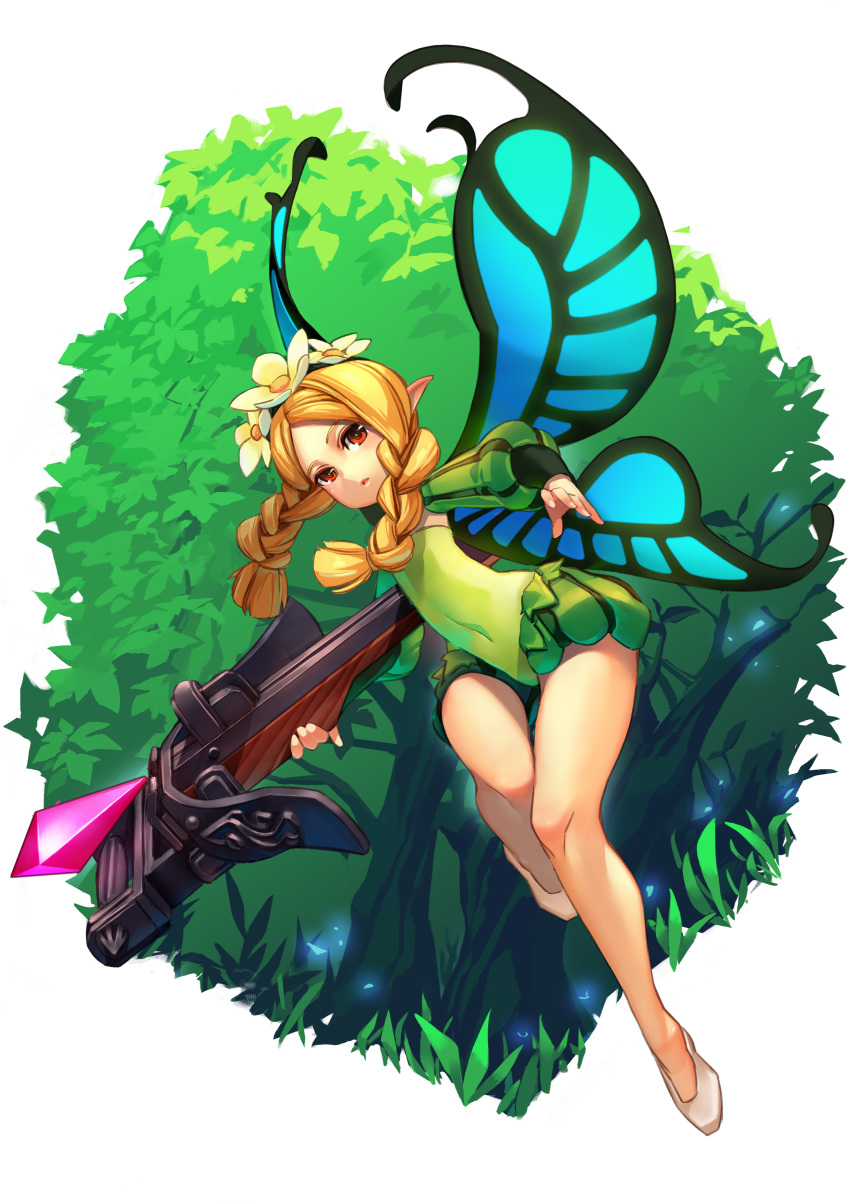 1girl absurdres blonde_hair bow_(weapon) braid butterfly_wings commentary crossbow detached_sleeves fairy flower gem grass head_wreath highres holding holding_bow_(weapon) holding_weapon leotard long_hair long_sleeves mercedes odin_sphere open_mouth pointy_ears puffy_sleeves red_eyes shoes solo splish tree twin_braids weapon white_footwear wings