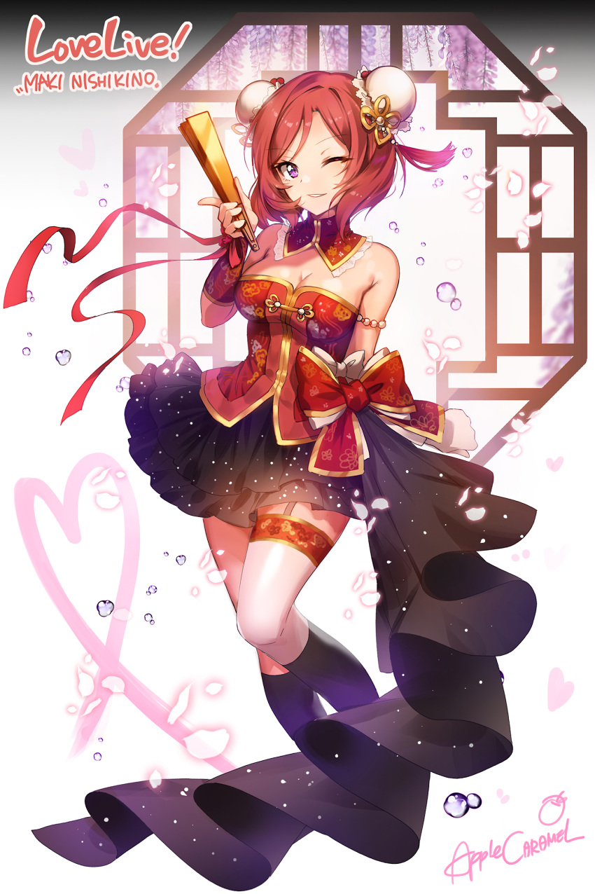 1girl apple_caramel armlet artist_name bare_shoulders black_legwear bow breasts brown_hair bun_cover character_name cleavage copyright_name double_bun fan flower folding_fan full_body gold_trim highres kneehighs looking_at_viewer love_live! love_live!_school_idol_project nishikino_maki one_eye_closed petals purple_eyes red_bow red_ribbon ribbon simple_background smile solo thigh_strap white_background wisteria