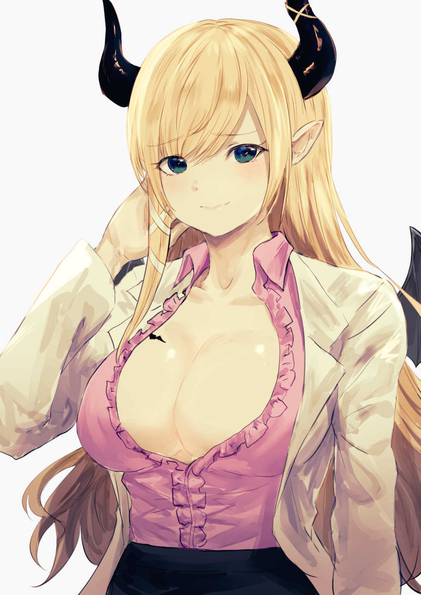 1girl absurdres bangs black_skirt black_wings blonde_hair blue_eyes breasts center_frills cleavage closed_mouth collarbone collared_shirt curled_horns demon_girl demon_horns demon_wings eyebrows_visible_through_hair frills grey_background hair_between_eyes hair_ribbon hand_up highres hololive horns kumamoto_nomii-kun labcoat large_breasts long_hair long_sleeves looking_at_viewer open_clothes pink_shirt pointy_ears ribbon shirt simple_background skirt solo very_long_hair virtual_youtuber wavy_mouth white_ribbon wings yuzuki_choco