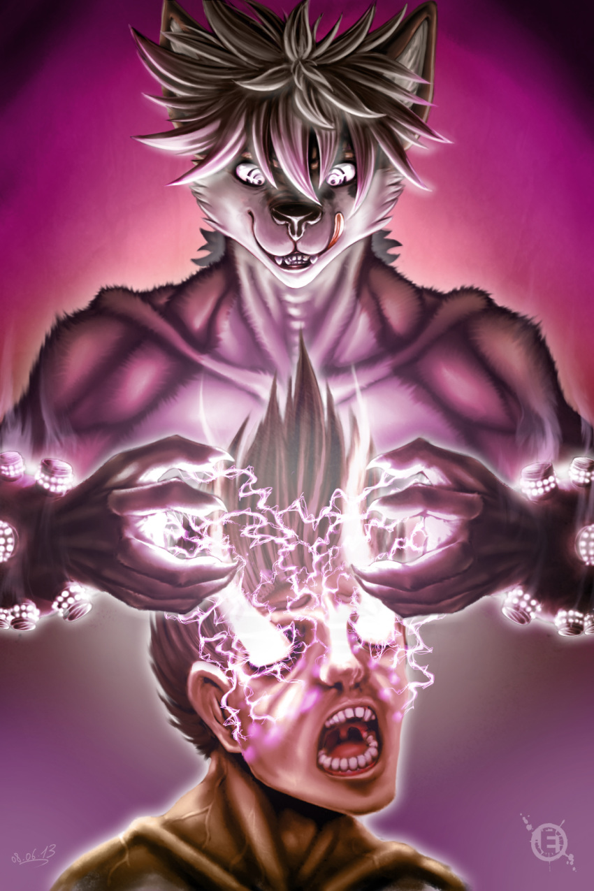 absorption_vore anthro aura bright canid canine duo eleode front_view fur glowing glowing_arms glowing_eyes gradient_background hi_res human imminent_death implants licking licking_lips looking_at_another looking_down male mammal mindfuck open_mouth pink_background self_lick simple_background smile soul_vore teeth tongue tongue_out uvula vein vore