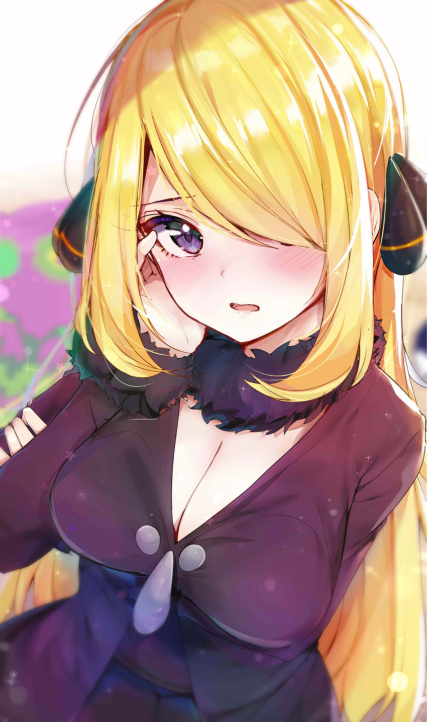 1girl absurdres black_coat blonde_hair blurry breast_hold breasts cleavage commentary_request depth_of_field fur-trimmed_sleeves fur_collar fur_trim hair_ornament hair_over_one_eye hand_on_own_arm hand_on_own_cheek highres large_breasts long_hair long_sleeves looking_at_viewer open_mouth pokemon pokemon_(game) pokemon_dppt purple_eyes rouka_(akatyann) shiny shiny_hair shirona_(pokemon) sidelocks solo sparkle upper_body
