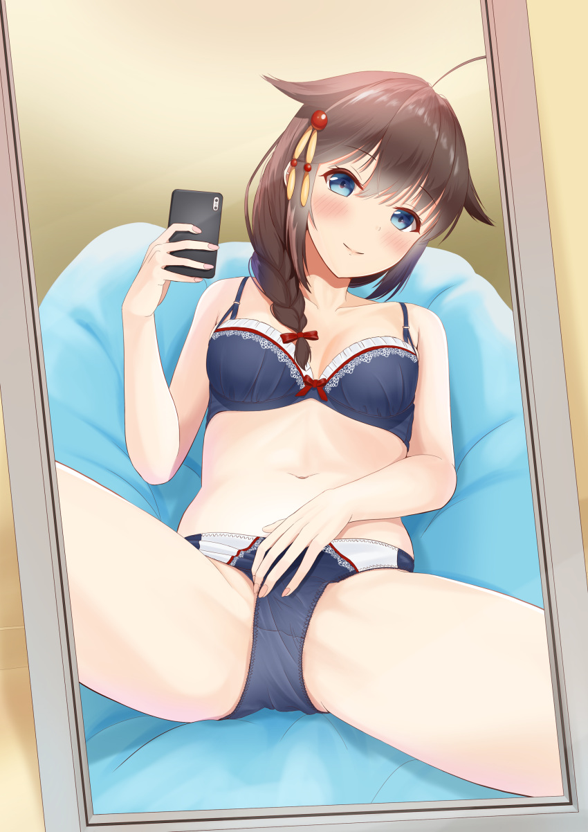 1girl absurdres ahoge black_hair blue_bra blue_eyes blue_panties blush bow bow_bra bra braid hair_flaps hair_ornament hair_over_shoulder highres holding holding_phone kantai_collection mirror navel panties phone remodel_(kantai_collection) shigure_(kantai_collection) single_braid smartpohone smile solo underwear underwear_only zuki