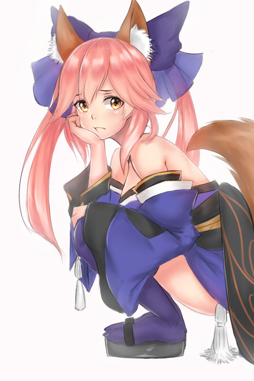 1girl animal_ears bare_shoulders breasts commentary_request fate/grand_order fate_(series) fox_ears fox_tail frown hair_between_eyes highres jmao large_breasts long_hair looking_at_viewer pink_hair pixiv_fate/grand_order_contest_2 solo tail tamamo_(fate)_(all) tamamo_no_mae_(fate) yellow_eyes