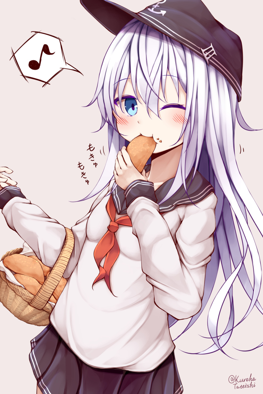 1girl absurdres artist_name black_sailor_collar blue_eyes breasts eating eyebrows_visible_through_hair flat_cap food hair_between_eyes hamayuu_(litore) hat hibiki_(kantai_collection) highres kantai_collection long_hair long_sleeves neckerchief one_eye_closed pirozhki pleated_skirt sailor_collar school_uniform serafuku silver_hair skirt small_breasts solo