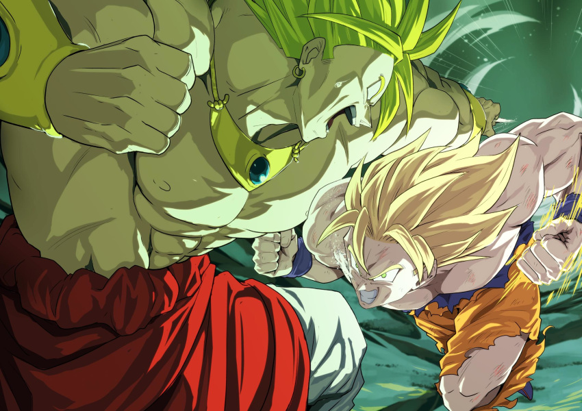 2boys after_(artist) aura blonde_hair bracelet broly clenched_hands clenched_teeth dragon_ball earrings green_eyes highres jewelry legendary_super_saiyan long_hair male_focus motion_blur multiple_boys muscle necklace open_mouth punching son_gokuu spiked_hair super_saiyan teeth torn_clothes white_eyes yellow_pupils