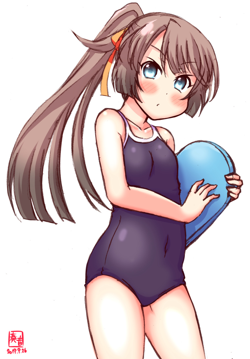 1girl alternate_costume artist_logo black_swimsuit blush brown_hair commentary_request competition_school_swimsuit contrapposto cowboy_shot dated hair_ribbon highres kanon_(kurogane_knights) kantai_collection kazagumo_(kantai_collection) kickboard long_hair looking_at_viewer ponytail pout revision ribbon school_swimsuit silver_eyes simple_background solo swimsuit tsurime white_background