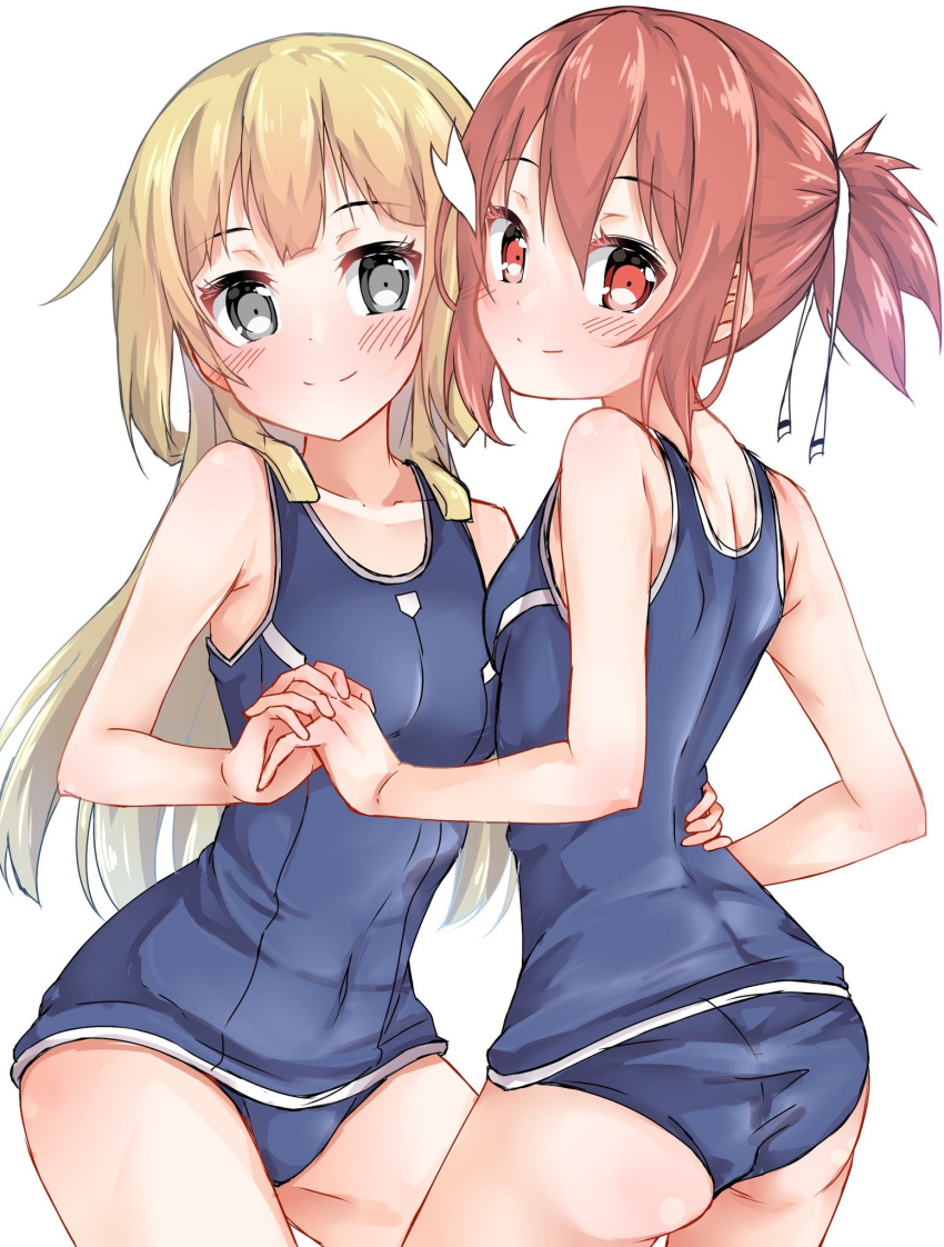 2girls ass black_eyes blonde_hair blush breasts closed_mouth collarbone eyebrows_visible_through_hair hair_between_eyes hair_ornament hair_ribbon hand_on_another's_waist head_tilt highres holding_hands long_hair looking_at_viewer multiple_girls nogi_sonoko one-piece_swimsuit red_eyes red_hair ribbon rits_(apud8788) sanshuu_middle_school_swimsuit school_swimsuit short_ponytail small_breasts smile swimsuit white_ribbon yuuki_yuuna yuuki_yuuna_wa_yuusha_de_aru yuusha_de_aru