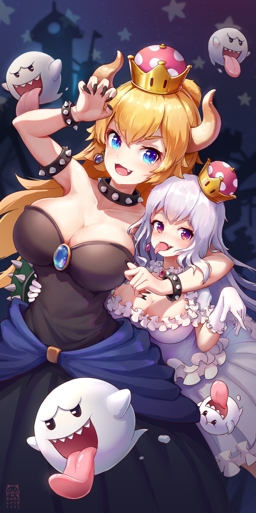 2girls :d absurdres arm_around_neck artist_name bangs black_dress black_nails blonde_hair blue_eyes boo bowsette bracelet breasts brooch catxuan claw_pose cleavage collar collarbone commentary_request crown dated dress earrings eyebrows_visible_through_hair fang fingernails frilled_dress frills ghost gloves highres horns jewelry large_breasts long_fingernails long_hair looking_at_viewer mario_(series) multiple_girls new_super_mario_bros._u_deluxe open_mouth princess_king_boo purple_eyes sharp_teeth silver_hair smile spiked_armlet spiked_bracelet spiked_collar spikes star strapless strapless_dress super_crown teeth tongue tongue_out white_dress white_gloves