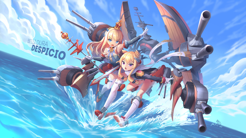 2girls :d :o absurdres anchor_symbol azur_lane bare_shoulders blonde_hair blue_eyes boots cannon cleavage_cutout cloud crown detached_collar dutch_angle epaulettes flat_chest full_body gloves hair_ears hairband highres latin_text mini_crown multiple_girls mystic-san ocean open_mouth purple_eyes queen_elizabeth_(azur_lane) rigging rivets scarf scepter skirt sky smile splashing striped striped_hairband text_focus thighhighs warspite_(azur_lane) water white_gloves white_scarf