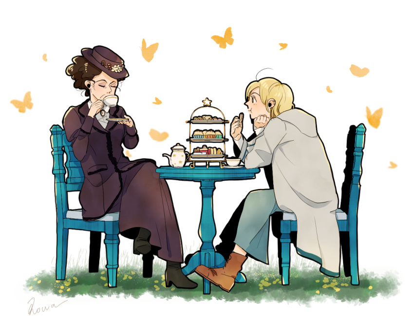 2girls bakery black_hair blonde_hair bug butterfly chair cup doctor_who eating gothic hat hood hoodie insect missy_(doctor_who) multiple_girls shop table teapot the_doctor the_master_(doctor_who) thirteenth_doctor