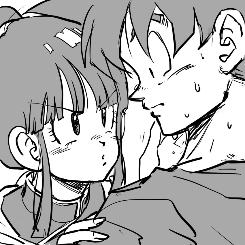 1boy 1girl bangs black_eyes black_hair chi-chi_(dragon_ball) chinese_clothes close-up commentary_request couple dragon_ball dragon_ball_z eye_contact eyebrows_visible_through_hair eyelashes face facing_away fingernails frown greyscale hair_bun hand_on_another's_cheek hand_on_another's_face hand_on_another's_shoulder height_difference hetero highres looking_at_another looking_down monochrome nervous parted_lips profile shiny shiny_hair simple_background son_gokuu spiked_hair sweat sweatdrop tkgsize upper_body v-shaped_eyebrows white_background