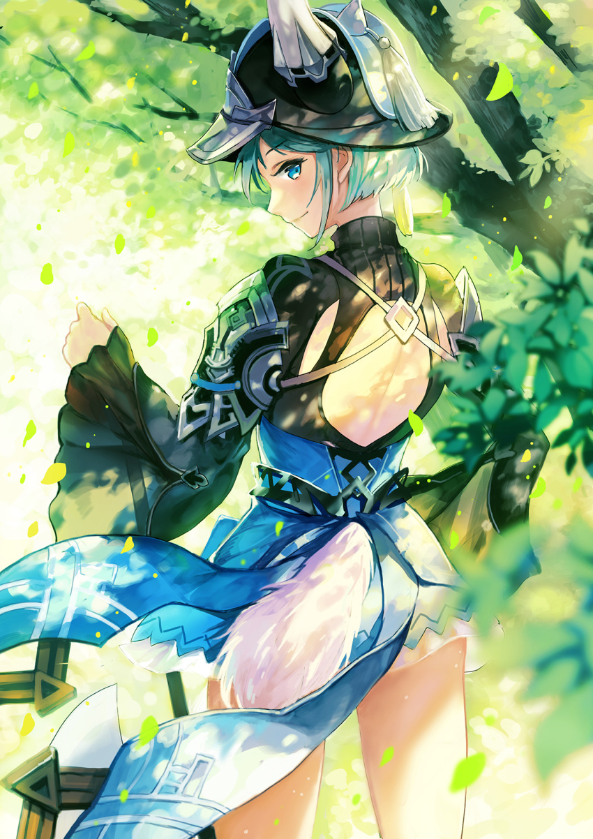1girl aqua_hair arm_guards axe back_cutout bangs character_request cowboy_shot dappled_sunlight day dress fox_tail from_behind green_theme helmet highres horned_helmet looking_at_viewer looking_back mabinogi mabinogi_heroes nature petals profile short_dress short_hair sibyl smile solo sunlight swept_bangs tail tassel turtleneck wide_sleeves wind