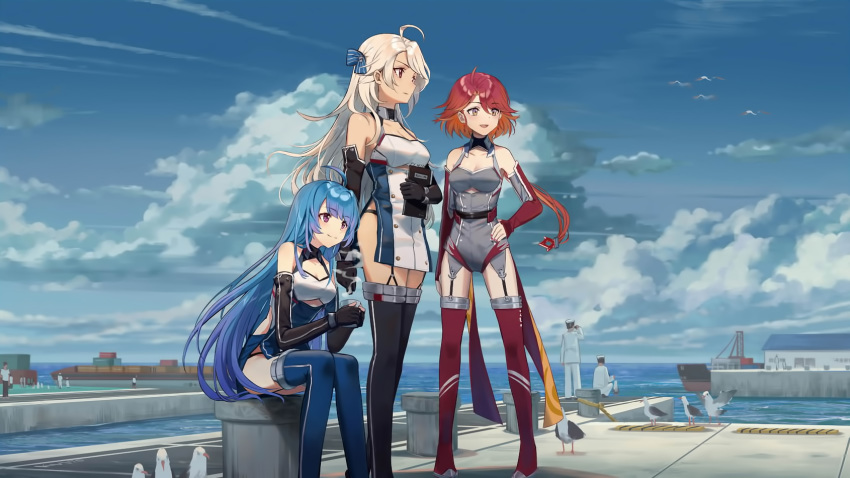 animal anthropomorphism azur_lane bird blonde_hair blue_hair brooklyn_(azur_lane) brown_eyes cropped group helena_(azur_lane) huanxiang_heitu leotard long_hair orange_eyes phoenix_(azur_lane) ponytail purple_eyes red_hair scan sky thighhighs