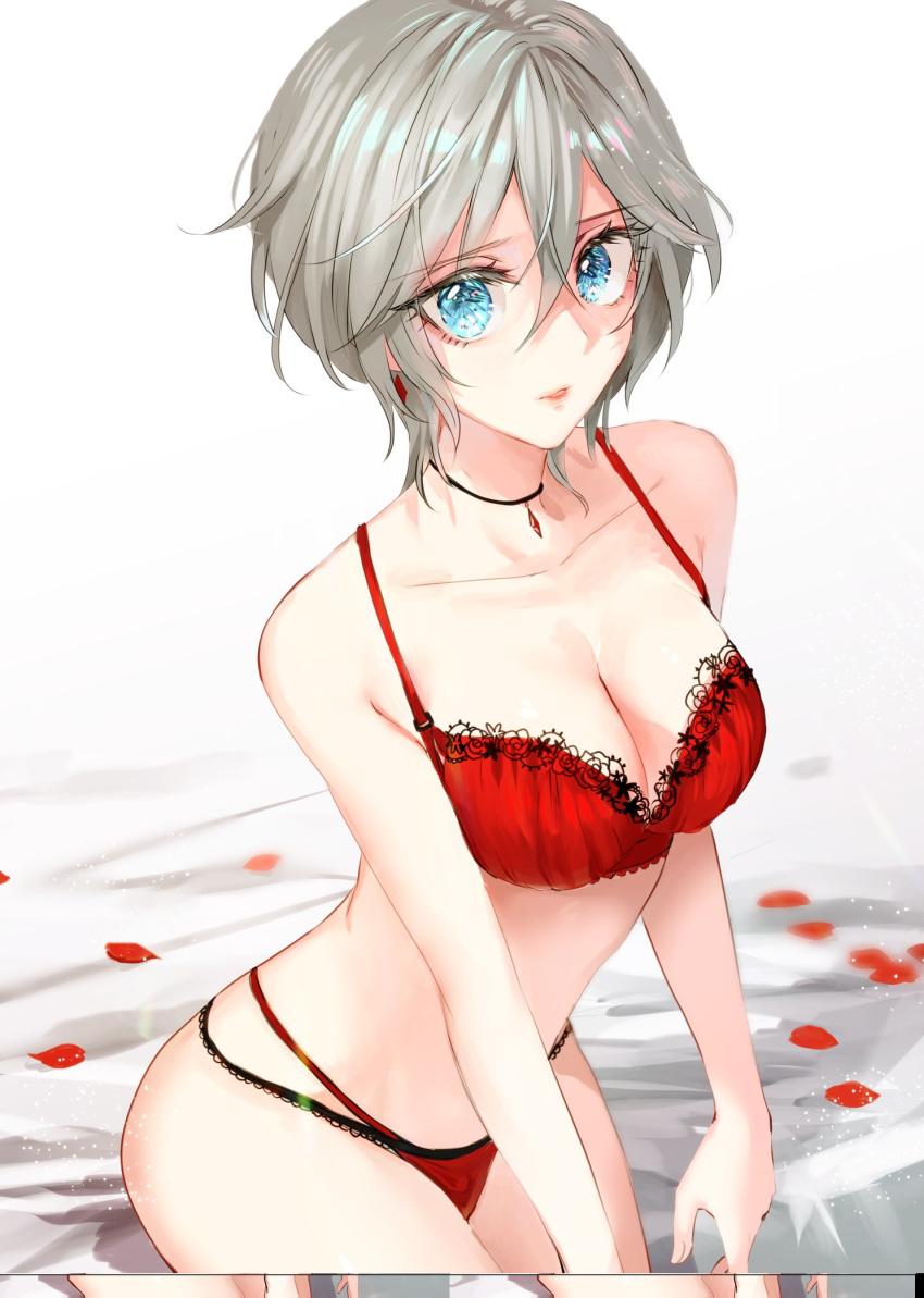 1girl anastasia_(idolmaster) bangs bare_arms bare_shoulders bed bed_sheet blue_eyes bra breasts cleavage collarbone grey_hair hair_between_eyes highres idolmaster idolmaster_cinderella_girls jewelry lace lace-trimmed_bra lace-trimmed_panties layered_panties looking_at_viewer medium_breasts necklace on_bed panties parted_lips petals red_bra red_panties rose_petals rum_raisin_(chihiromakita19) short_hair simple_background siting sitting sitting_on_bed solo thighhighs underwear white_background