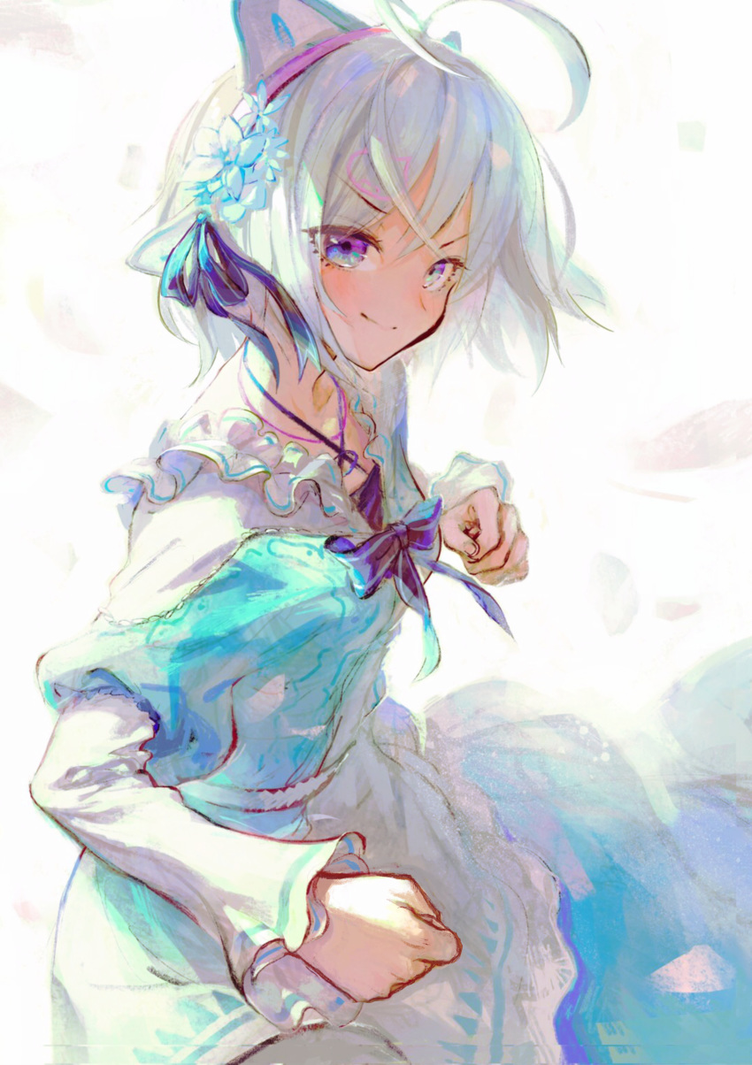 1girl absurdres antenna_hair bangs blue_bow blue_flower blue_ribbon blue_shirt bow closed_mouth dennou_shoujo_youtuber_shiro eyebrows_visible_through_hair flower hair_between_eyes hair_flower hair_ornament headgear highres long_sleeves puffy_short_sleeves puffy_sleeves purple_eyes ribbon shiro_(dennou_shoujo_youtuber_shiro) shirt short_over_long_sleeves short_sleeves silver_hair skirt smile solo striped striped_bow tentsuu_(tentwo) v-shaped_eyebrows virtual_youtuber white_background white_shirt white_skirt