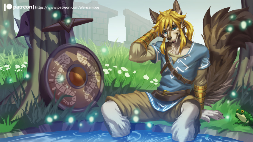 16:9 2019 alanscampos anthro blonde_hair blue_eyes canid canine canis clothed clothing digital_media_(artwork) flower fully_clothed grass hair hi_res link_(wolf_form) looking_at_viewer male mammal melee_weapon nintendo patreon plant shield solo sword the_legend_of_zelda url video_games weapon wolf