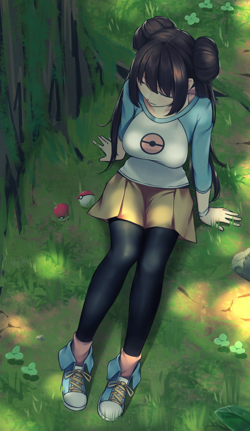 1girl absurdres arm_support bangs black_legwear blue_footwear breasts brown_hair closed_eyes closed_mouth clover collarbone commentary_request double_bun four-leaf_clover from_above full_body grass highres knees_together_feet_apart long_hair long_sleeves medium_breasts mei_(pokemon) miniskirt nestea outdoors pantyhose pink_legwear pleated_skirt poke_ball_symbol poke_ball_theme pokemon pokemon_(game) pokemon_bw2 raglan_sleeves rock shiny shiny_hair shirt shoes sitting skirt socks solo sunlight tied_hair tree twintails white_shirt wristband yellow_skirt