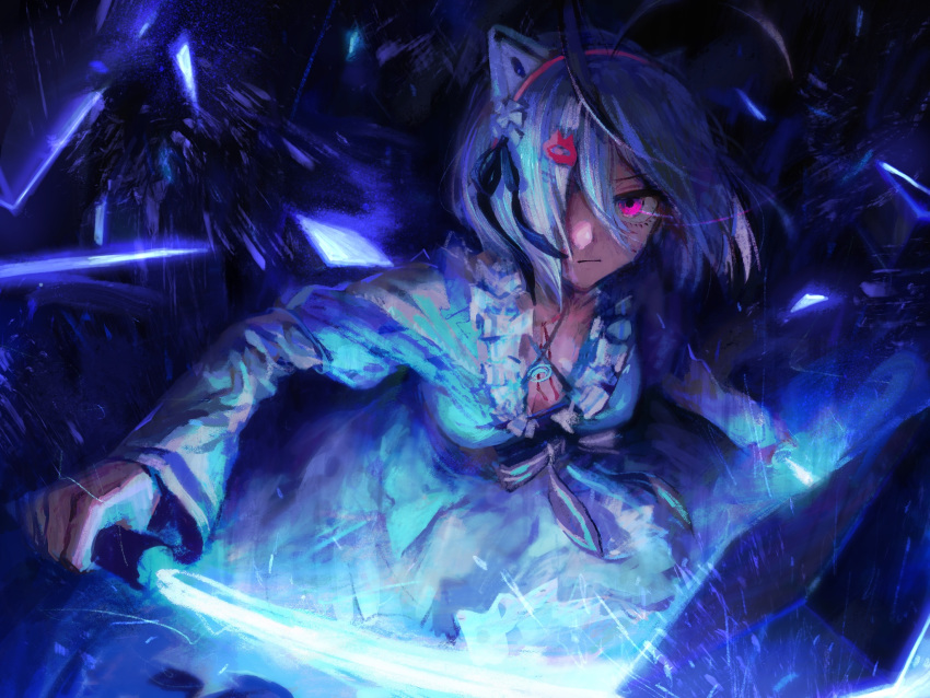 1girl antenna_hair bangs black_bow blue_dress bow breasts cleavage closed_mouth dennou_shoujo_youtuber_shiro dress energy_sword eyebrows_visible_through_hair flower grey_hair hair_flower hair_ornament hair_over_one_eye headgear highres holding holding_sword holding_weapon long_sleeves looking_at_viewer medium_breasts puffy_short_sleeves puffy_sleeves purple_eyes shiro_(dennou_shoujo_youtuber_shiro) shirt short_over_long_sleeves short_sleeves solo striped striped_bow sword tentsuu_(tentwo) v-shaped_eyebrows virtual_youtuber weapon white_flower white_shirt