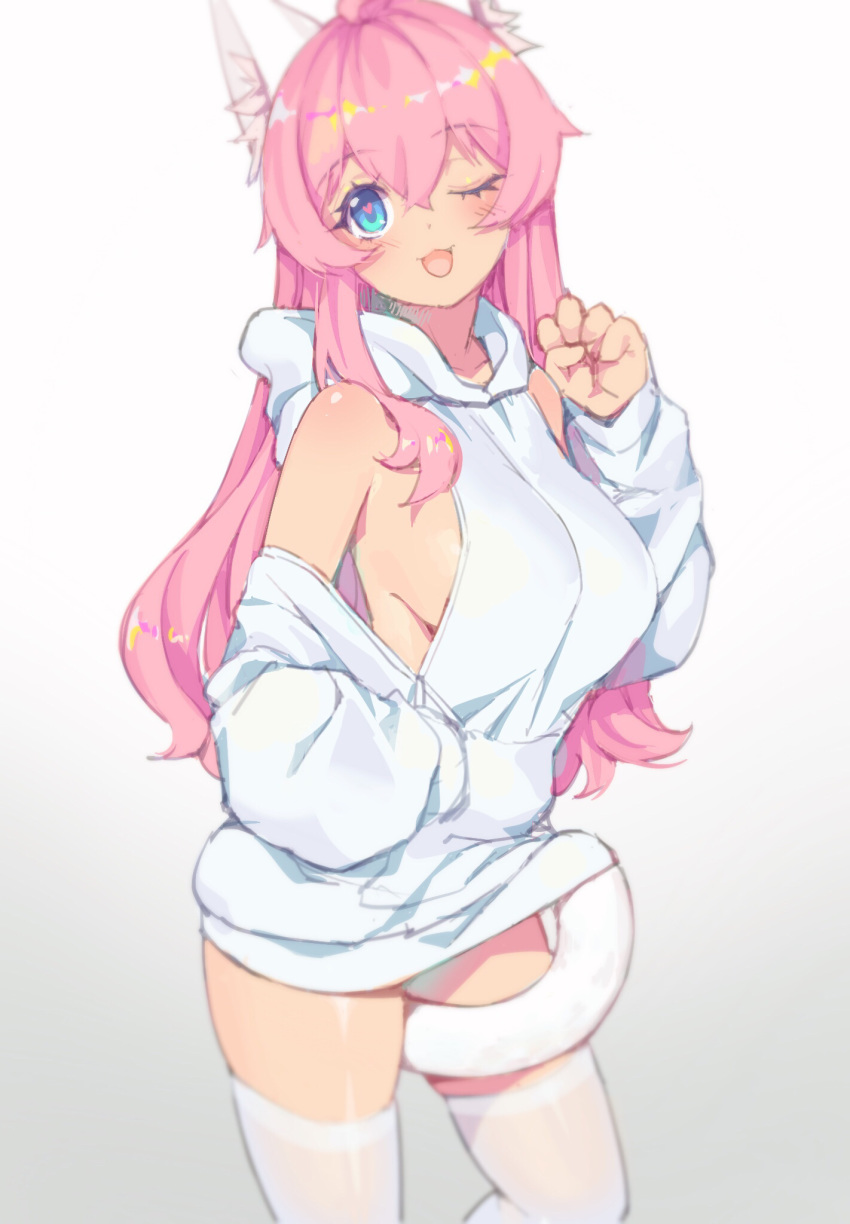 1girl animal_ear_fluff animal_ears blue_eyes blush breasts cat_ears cat_tail eyebrows_visible_through_hair fang fiodo gradient gradient_background hair_between_eyes hand_in_pocket hand_up heart heart_in_eye highres hood hood_down hoodie hoodie_lift large_breasts long_sleeves looking_at_viewer one_eye_closed open_mouth original paw_pose pink_hair shoulder_cutout sideboob sidelocks simple_background solo symbol_commentary symbol_in_eye tail tail_lift thighhighs white_background white_hoodie white_legwear