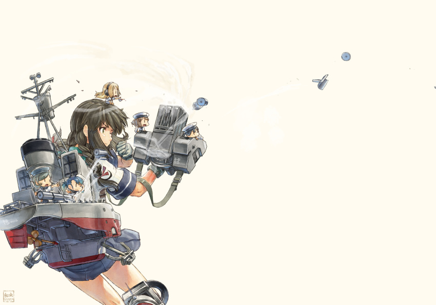 1girl ;( bangs black_gloves black_hair blue_skirt braid brown_eyes cannon cowboy_shot depth_charge depth_charge_projector fairy_(kantai_collection) from_behind gloves highres isonami_(kantai_collection) kantai_collection long_hair machinery nogiguchi_kohiro pleated_skirt rigging school_uniform serafuku sidelocks simple_background skirt turret twin_braids white_background