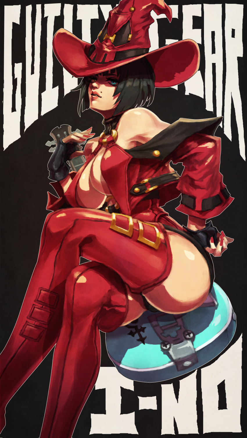 1girl absurdres black_gloves black_hair black_panties blue_eyes bob_cut boots breasts character_name cleavage collar commentary copyright_name crossed_legs english_commentary fingerless_gloves fingernails gloves guilty_gear guilty_gear_xx guitar hat highres i-no instrument invisible_chair large_breasts lips living_clothes long_fingernails looking_at_viewer mole_above_mouth monori_rogue nail_polish no_bra nose o-ring o-ring_top panties pantyshot pantyshot_(sitting) red_footwear red_headwear red_nails revealing_clothes short_hair sitting solo thigh_boots thighhighs underboob underwear witch_hat yellow_eyes