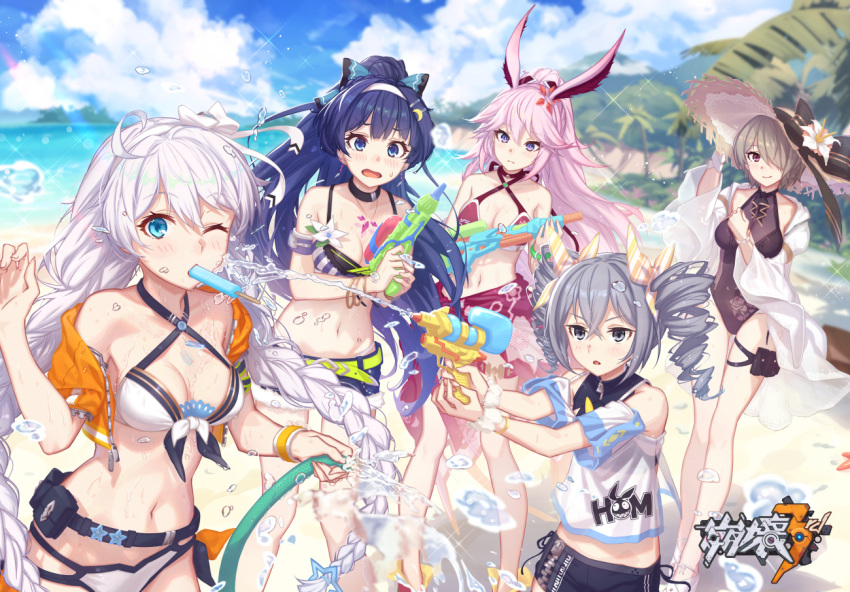 5girls ahoge animal_ears bangs bare_shoulders beach belt bikini blue_eyes blue_hair blue_sky blush braid breasts bronya_zaychik criss-cross_halter cropped_jacket day eyebrows_visible_through_hair food fox_ears grey_eyes grey_hair hair_between_eyes hair_flaps hair_ornament hair_over_one_eye hairband halterneck hat holding_hose holding_water_gun honkai_(series) honkai_impact_3rd hose kiana_kaslana large_breasts logo long_hair looking_at_viewer m-ya medium_breasts messy_hair mouth_hold multiple_girls navel ocean official_art open_mouth outdoors pink_bikini pink_hair ponytail popsicle purple_eyes purple_swimsuit raiden_mei rita_rossweisse sand sarong short_hair sidelocks silver_hair sky smile stomach straw_hat swimsuit twin_braids very_long_hair water water_gun white_bikini white_hairband yae_sakura