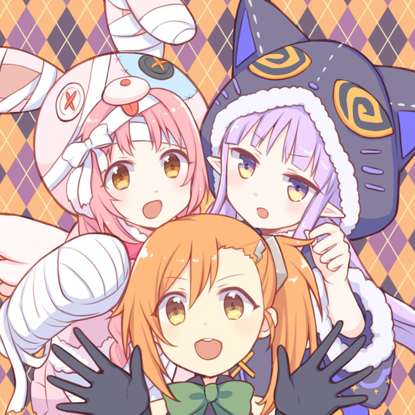 3girls akane_mimi alternate_costume animal_hat brown_eyes commentary_request gloves gucchiann hat highres hikawa_kyoka hodaka_misogi looking_at_viewer multiple_girls open_mouth orange_hair patterned_background pink_hair pointy_ears portrait princess_connect! princess_connect!_re:dive purple_hair ribbon side_ponytail